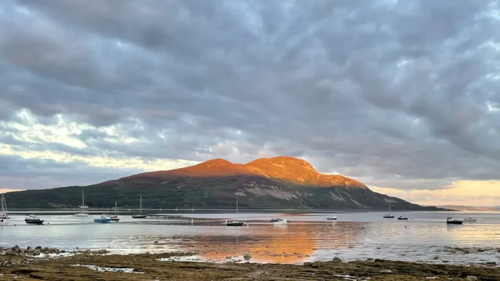 View of Holy Isle at sunset from Lamlash, Isle of Arran